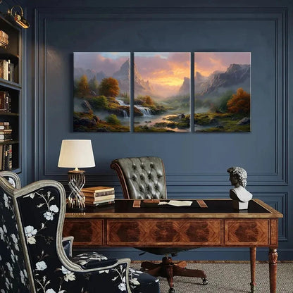 3pcs Autumn Trees Waterfall Sunset Glow Metal Print Ready to Hang Art