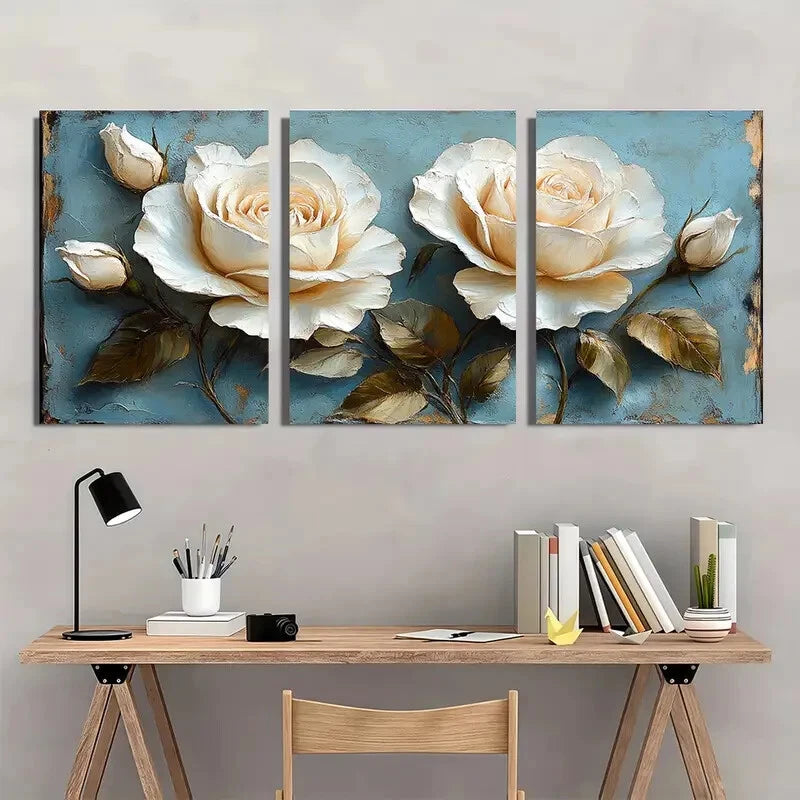 3pcs Elegant White Rose Modern Abstract Metal Print Ready to Hang Art