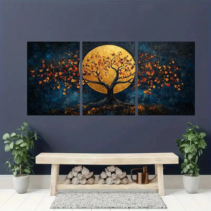 3pcs Abstract Golden Tree with Autumn Leaves Dark Metal Print Ready to Hang Art