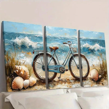 3pcs Ocean Coastal Scene with Seashells Bicycle Wall Art Set Canvas Framed 50x70cm - High Quality Print 100% Australian Made Wall Canvas Ready to Hang