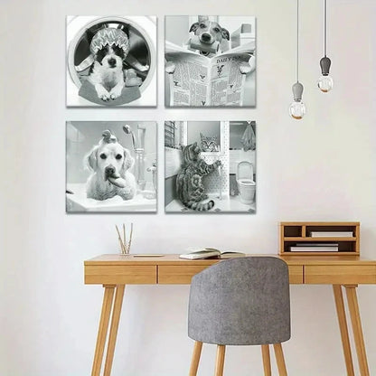 4pcs Cute Cat Dog Wall Art Canvas Framed