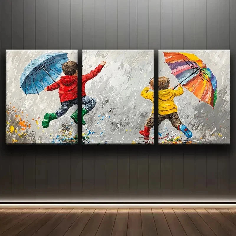 3pcs Playing on Rainy Day Scene Wall Art Set Canvas Framed 40x60cm - High Quality Print 100% Australian Made Wall Canvas Ready to Hang