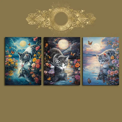 3pcs Whimsical Cat Moonlight Butterflies Metal Print Ready to Hang Art