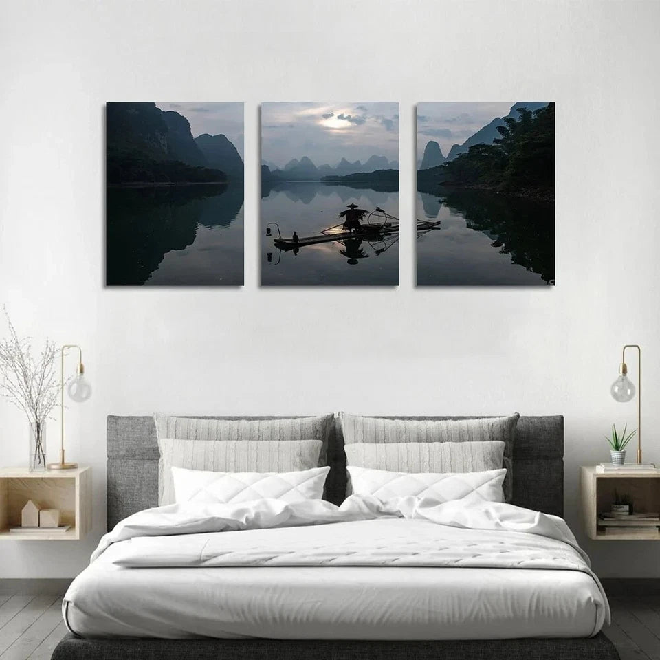 3pcs Fishing Boat Lake Mountain Metal Print Ready to Hang Art - Bella Home Decor
