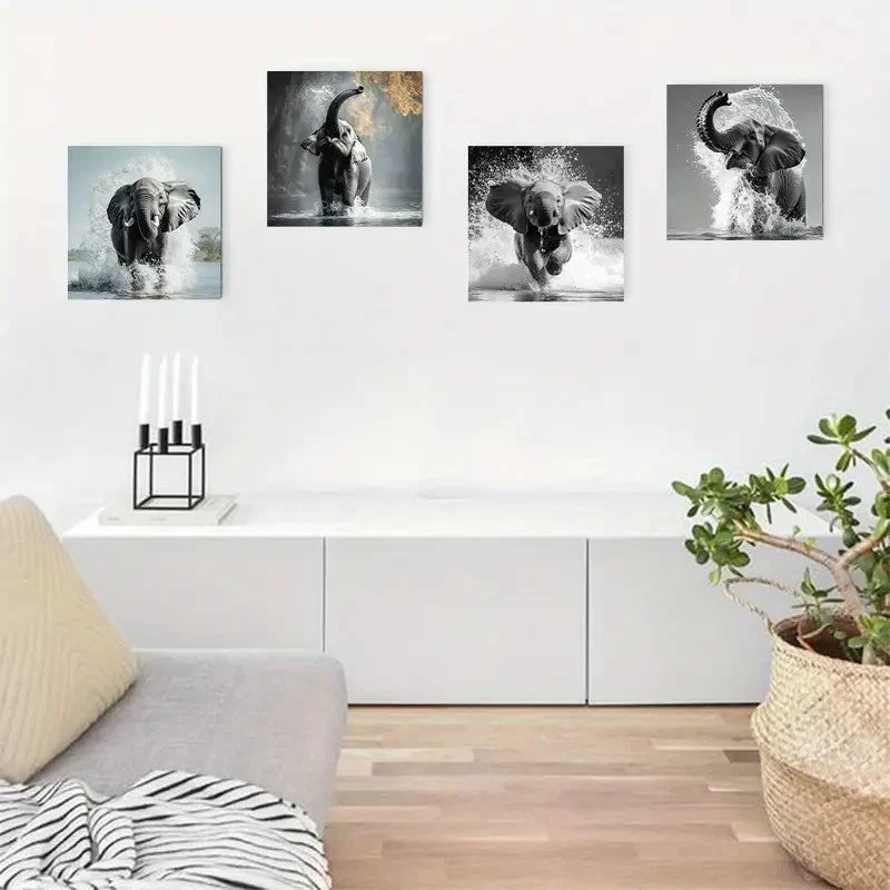 4pcs Realistic Elephant Pose Wall Art Canvas Framed