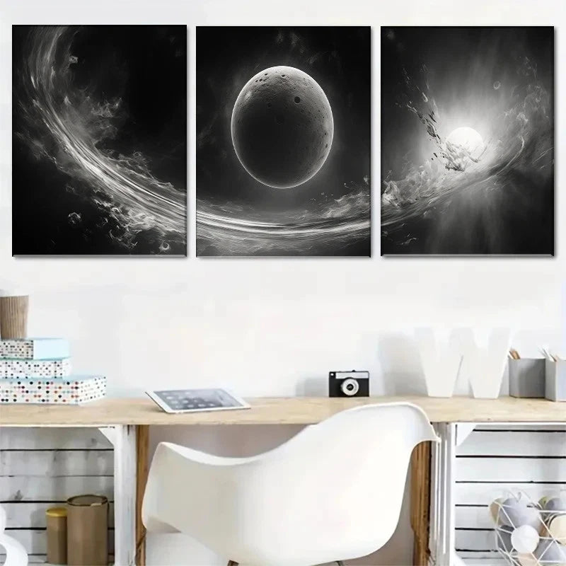 3pcs Celestial Wonders Black & White Abstract Metal Print Ready to Hang Art