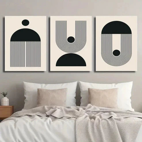 3pcs Black & Beige Abstract Geometric Wall Art Set Canvas Unframed - High Quality Print 100% Australian Made Wall Canvas