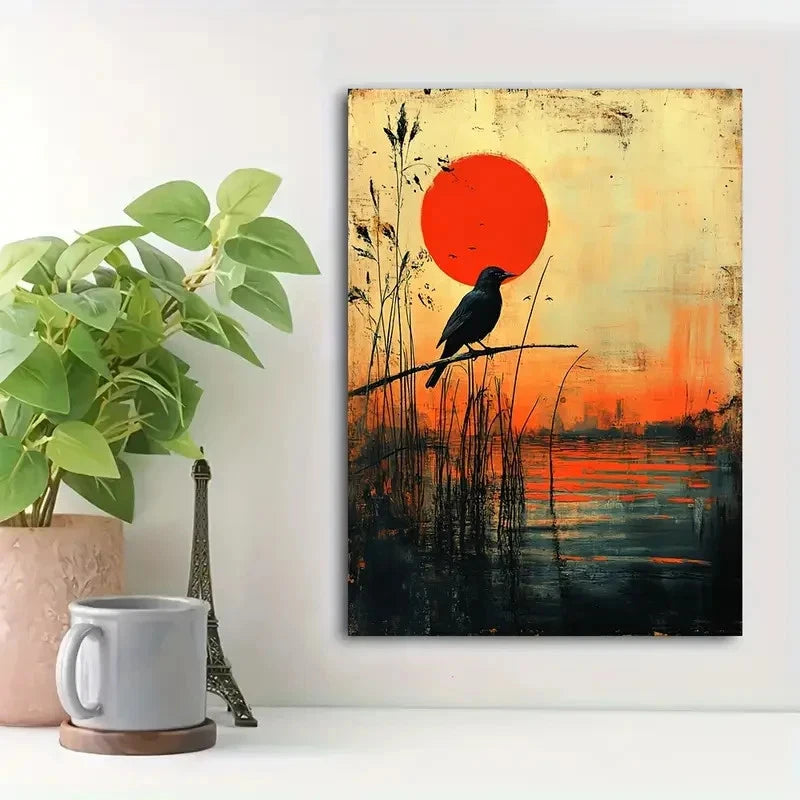 Tranquil Bird On Reeds With Golden Painting 40x60cm Metal Print Ready to Hang