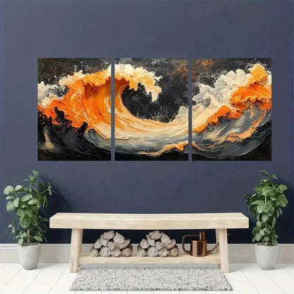 3pcs Black Orange Ceramic Embellishment Wall Art Set Canvas Framed 40x60cm - High Quality Print 100% Australian Made Wall Canvas Ready to Hang