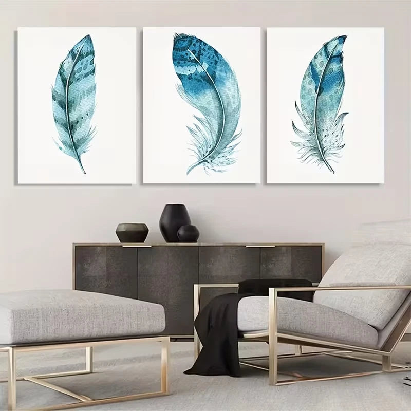 3pcs Blue Abstract Watercolor Feather  Wall Art Set Canvas Framed 60x90cm - High Quality Print 100% Australian Made Wall Canvas Ready to Hang