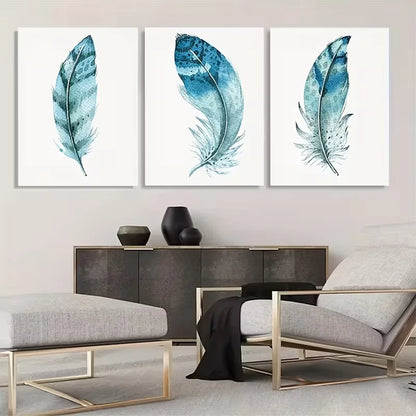 3pcs Blue Abstract Watercolor Feather  Wall Art Set Canvas Framed 60x90cm - High Quality Print 100% Australian Made Wall Canvas Ready to Hang