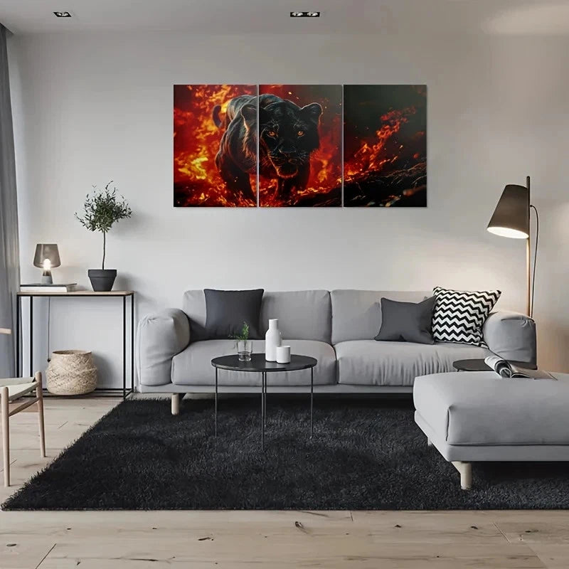 3pcs Black Panther Modern Stunning Golden Metal Print Ready to Hang Art