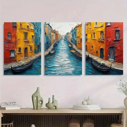 3pcs Gondolas Colorful Buildings Vibrant Perfect Wall Art Set Canvas Framed 40x60cm - High Quality Print 100% Australian Made Wall Canvas Ready to Hang