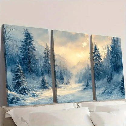 3pcs Snowy Evergreen Trees Misty Landscape Wall Art Set Canvas Framed 40x60cm - High Quality Print 100% Australian Made Wall Canvas Ready to Hang
