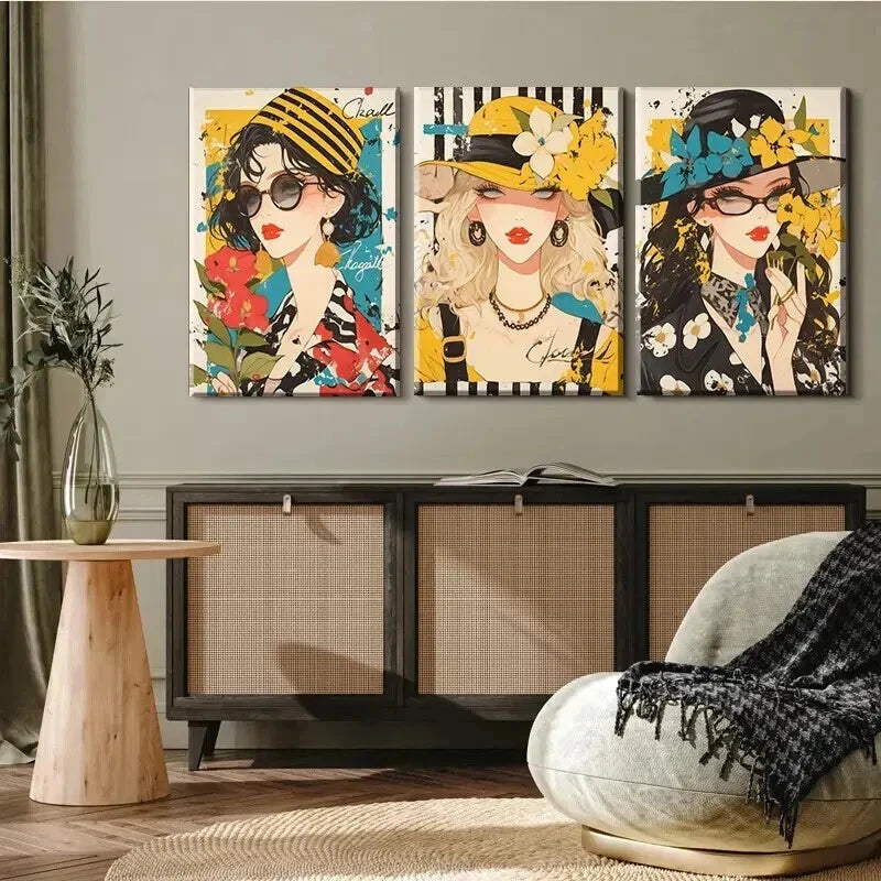 3pcs Women with Hats & Glasses Vibrant Perfect Wall Art Set Canvas Framed 50x70cm - High Quality Print 100% Australian Made Wall Canvas Ready to Hang