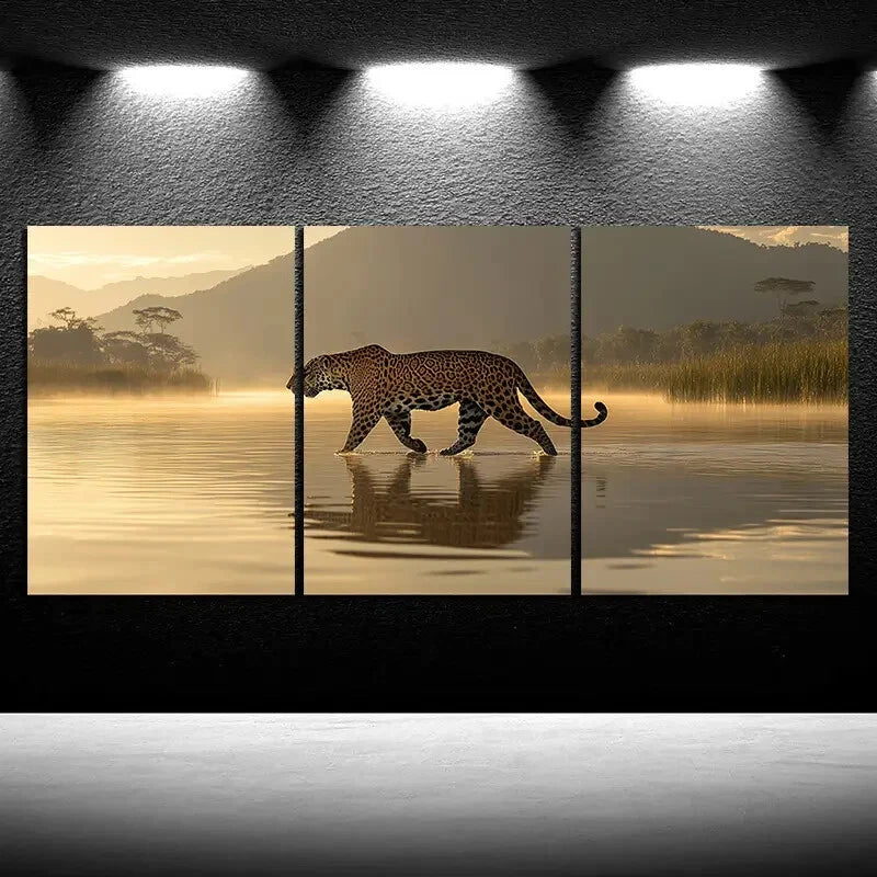 3pcs Leopard on the Water Surface Metal Print Ready to Hang Art