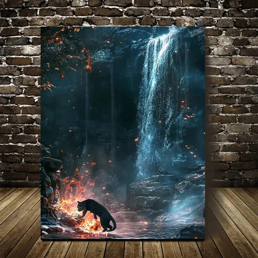 Panther & Waterfall Scene with Glowing Embers Painting 40x60cm Metal Print Ready to Hang