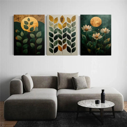 3pcs Modern Glam Botanical Floral Green Golden Metal Print Ready to Hang Art
