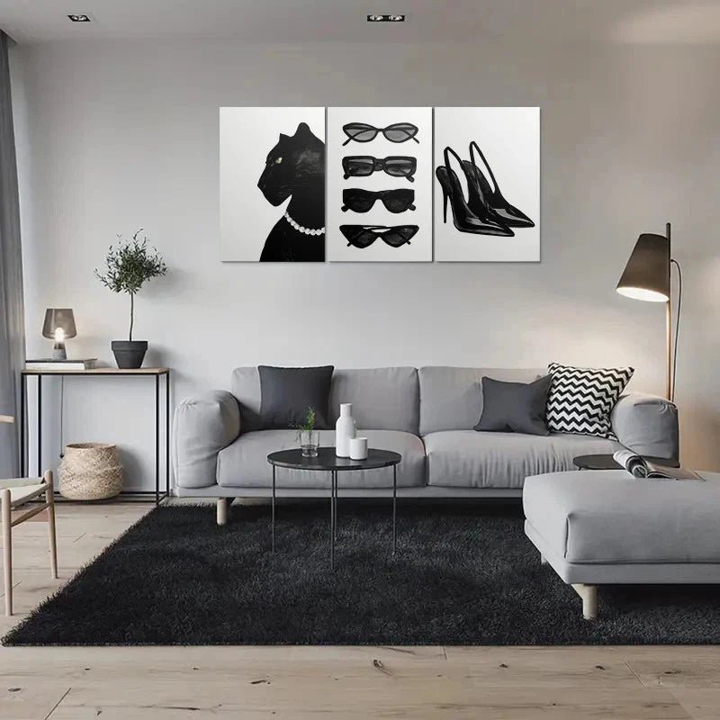 3pcs Black Panther with Pearl Necklace Glasses Metal Print Ready to Hang Art