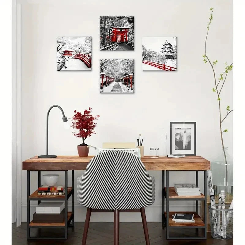 4pcs Japanese Asian Nature Landscape Black White Wall Art Canvas Framed