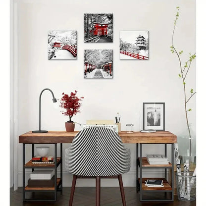 4pcs Japanese Asian Nature Landscape Black White Wall Art Canvas Framed