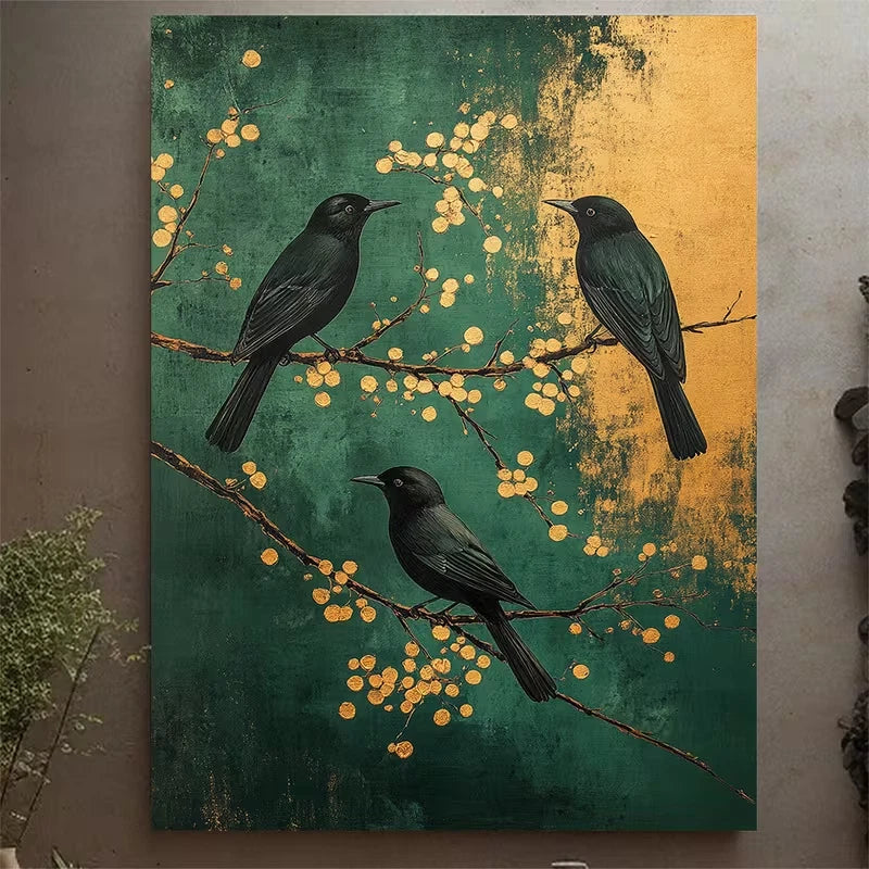 Blackbirds on Branches with Golden Berries 60x90cm Metal Print Ready to Hang