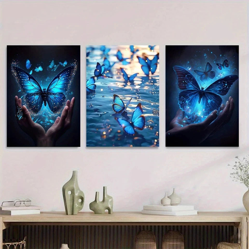 3pcs Vibrant Blue Butterfly Modern Classic Metal Print Ready to Hang Art