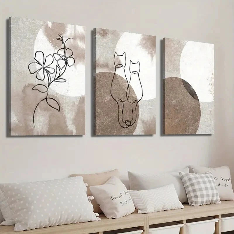 3pcs Modern Abstract Cat & Floral Line Perfect Wall Art Set Canvas Framed 40x60cm - High Quality Print 100% Australian Made Wall Canvas Ready to Hang
