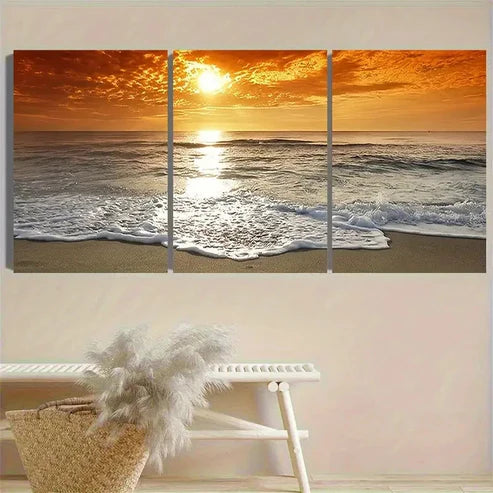 3pcs Ocean Sunset Panorama Wall Art Set Canvas Unframed - High Quality Print 100% Australian Made Wall Canvas