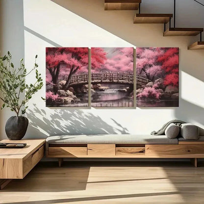 3pcs Vintage Landscape Japanese Style Cherry Metal Print Ready to Hang Art