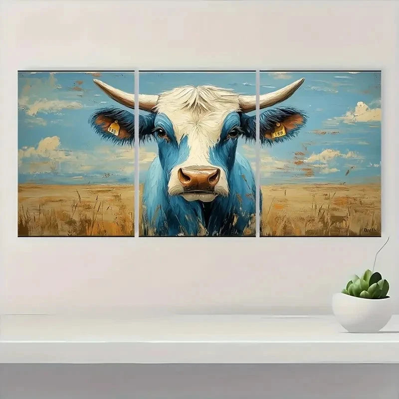 3pcs Blue & White Bull with Yellow Tags Wall Art Set Canvas Framed 60x90cm - High Quality Print 100% Australian Made Wall Canvas Ready to Hang