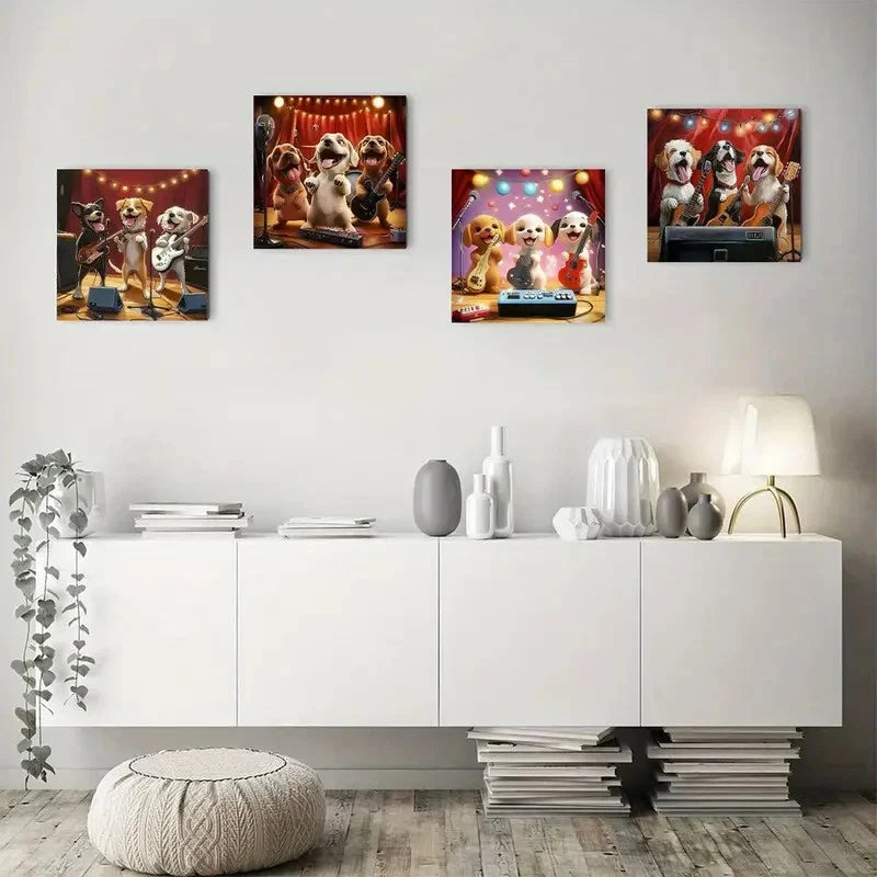 4pcs Singing Dogs with Musical Instruments Wall Art Canvas Framed