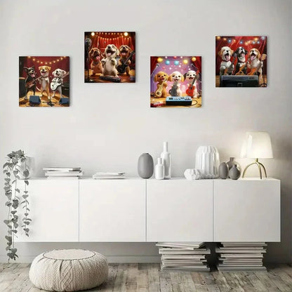 4pcs Singing Dogs with Musical Instruments Wall Art Canvas Framed