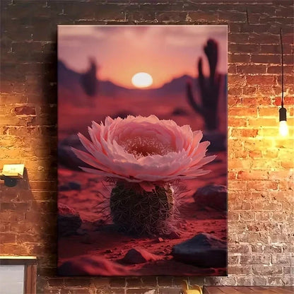 Vibrant Sunset Cactus & Blooming Flower Metal Print Ready to Hang