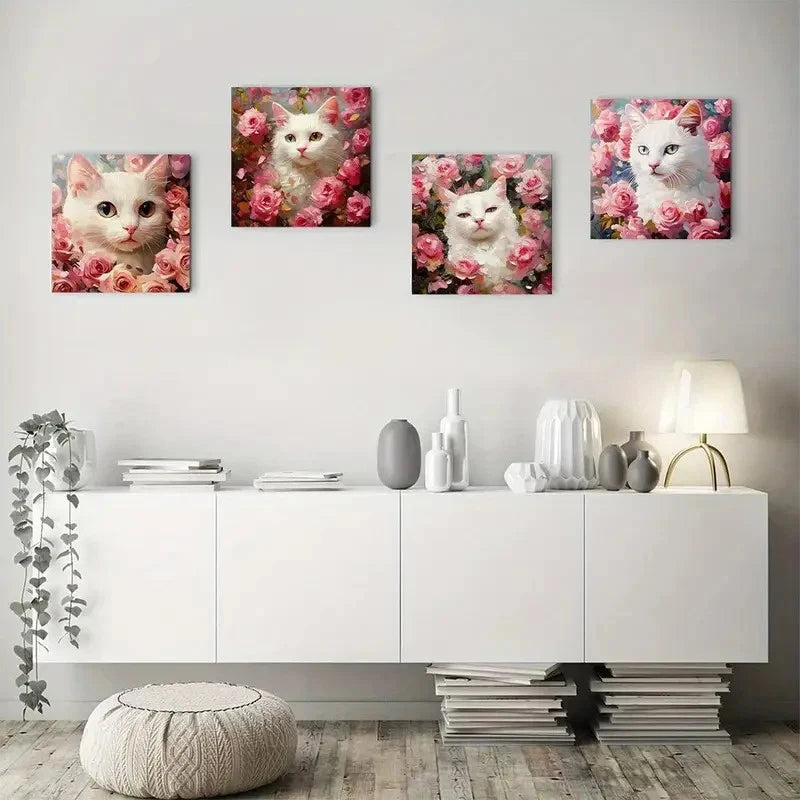 4pcsElegant White Cat with Pink RosesWall Art Canvas Framed