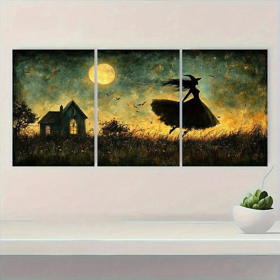 3pcs The Flying Witch Gothic Horror Moonlit Metal Print Ready to Hang Art