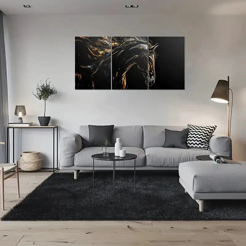 3pcs Modern Black and Golden Horse Metal Print Ready to Hang Art
