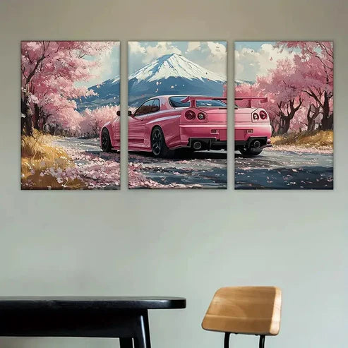 3pcs Featuring a Pink Vehicle, Artist Sketching Wall Art Set Canvas Unframed - High Quality Print 100% Australian Made Wall Canvas - Bella Home Decor