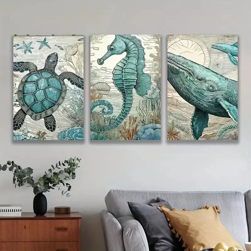 3pcs Coastal Seahorse Turtle & Whale Ocean Theme Wall Art Set Canvas Framed 60x90cm - High Quality Print 100% Australian Made Wall Canvas Ready to Hang