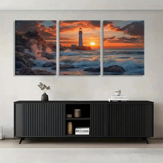 3pcs Lighthouse Sunset Ocean Coastal Perfect Wall Art Set Canvas Framed 40x60cm - High Quality Print 100% Australian Made Wall Canvas Ready to Hang