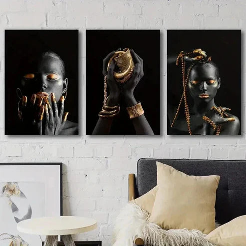 3pcs Black Woman Hands Wearing Golden Jewelry Wall Art Set Canvas Unframed - High Quality Print 100% Australian Made Wall Canvas