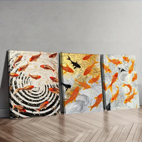 3pcs Goldfish Vortex Design Orange Perfect Wall Art Set Canvas Unframed - High Quality Print 100% Australian Made Wall Canvas