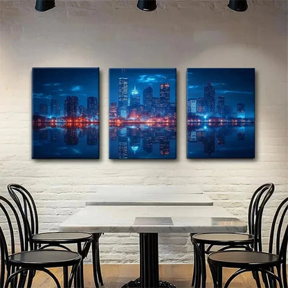 3pcs Chicago Night Cityscape Darkness Perfect Wall Art Set Canvas Framed 40x60cm - High Quality Print 100% Australian Made Wall Canvas Ready to Hang