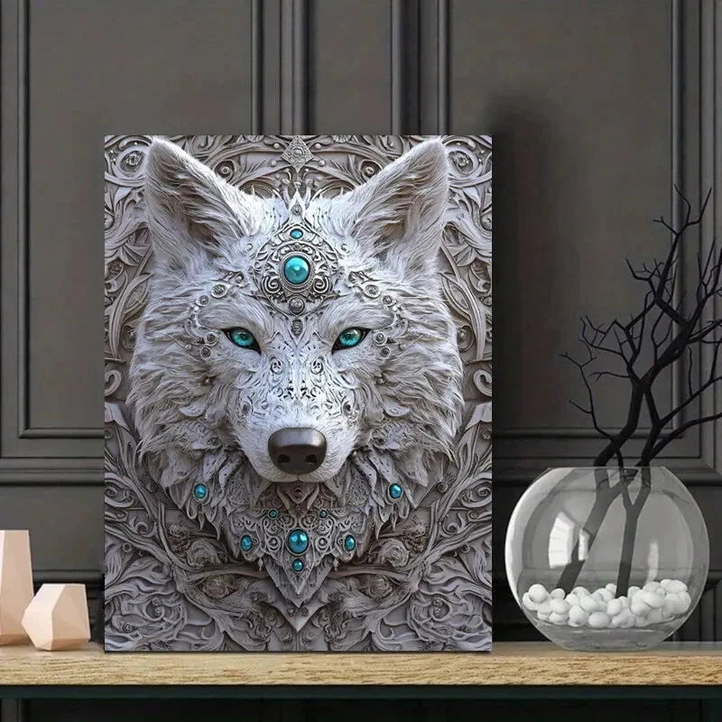 Wolf Face with Glowing Turquoise Eyes Painting  40x60cm Metal Print Ready to Hang