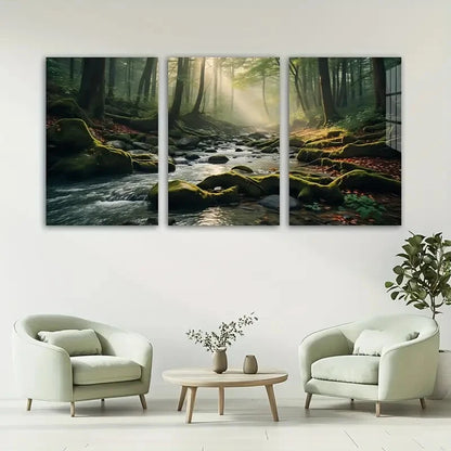3pcs Delightful Forest Creek Flowing Water Metal Print Ready to Hang Art