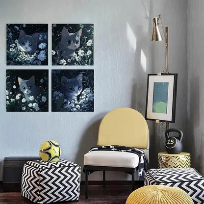 4pcs Cute cat blueWall Art Canvas Framed