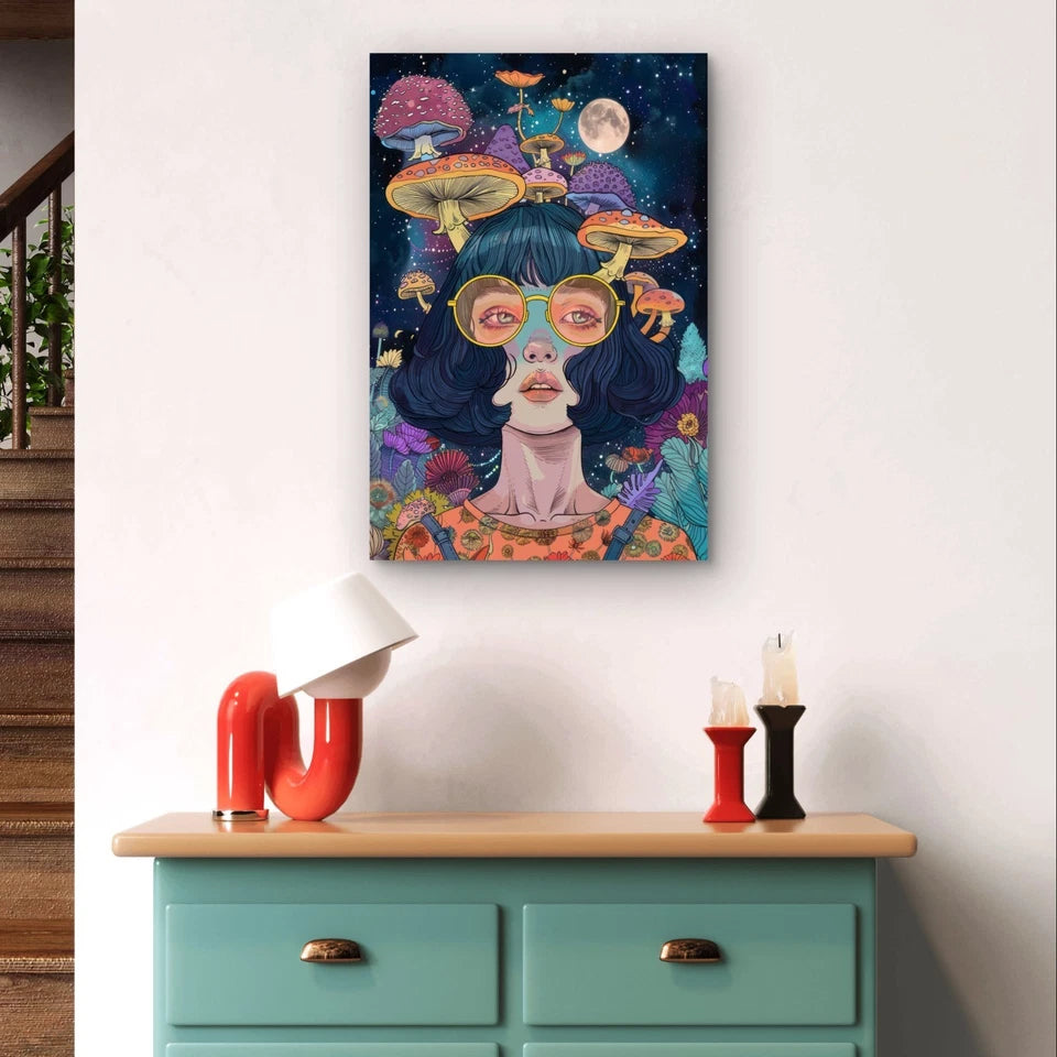Psychedelic Pop Art Girl Portrait and Mushroom 40x60cm Metal Print Ready to Hang