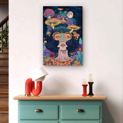 Psychedelic Pop Art Girl Portrait and Mushroom 40x60cm Metal Print Ready to Hang
