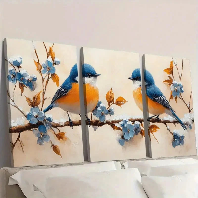3pcs Blue And White Flowers And Birds On Snow Wall Art Set Canvas Framed 60x90cm - High Quality Print 100% Australian Made Wall Canvas Ready to Hang