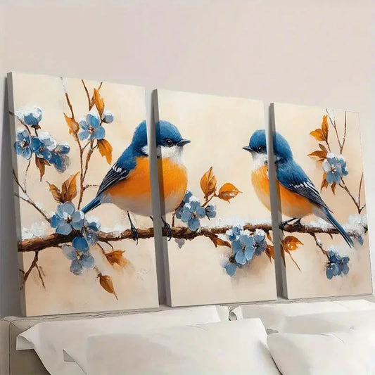 3pcs Blue And White Flowers And Birds On Snow Wall Art Set Canvas Framed 60x90cm - High Quality Print 100% Australian Made Wall Canvas Ready to Hang